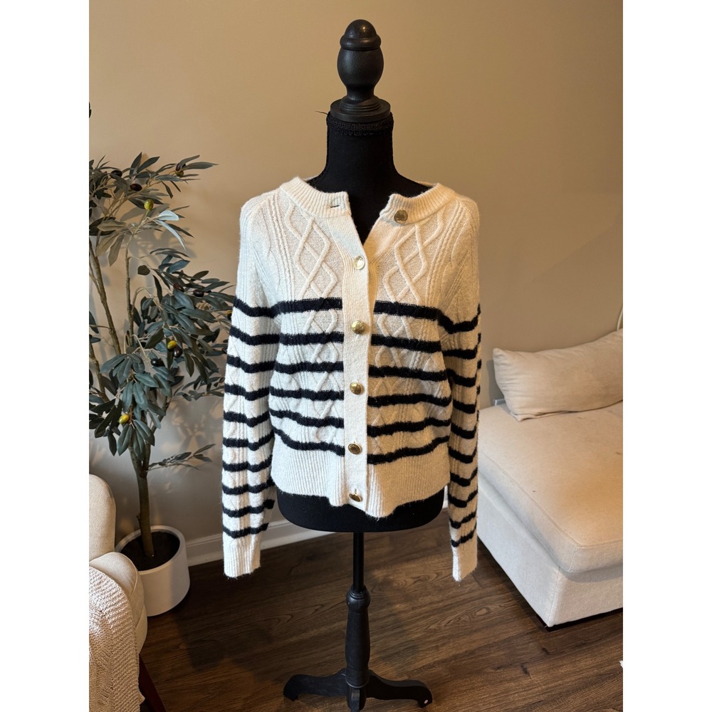 Universal Thread Cream Black Striped Cable Knit Cardigan Gold Buttons Medium